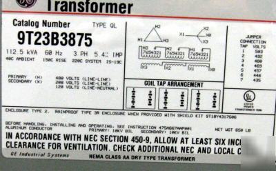 Ge 112.5 kva three phase transformer 9T23B3875