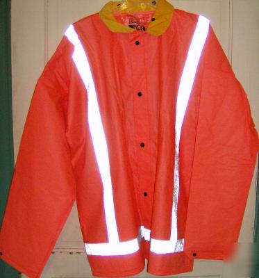 Fluorescent orange raincoat with scotchlite nip