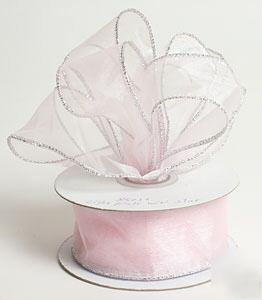 7/8 in 10 yd light pink organza ribbon silver wire edge