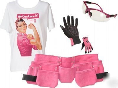 Pink tool belt work gloves safety glasses & rosies t lg
