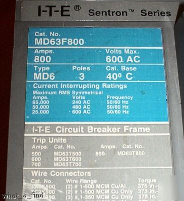 Siemens sentron MD63F800 800 amp MD6 breaker wrnty lnc