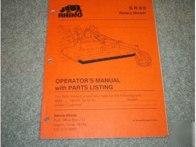 Rhino sr 80 rotary mower op manual, parts list-mint 