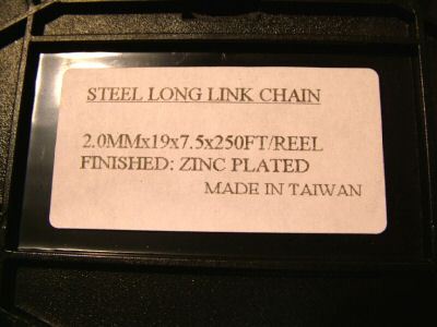 New 250' long link steel chain 2MM x 19 x 7.5 nickle