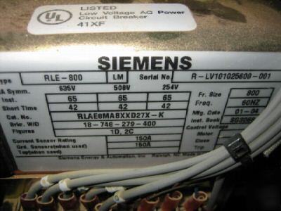 Siemens rle-800 lm 800 amp static trip iii draw-out 
