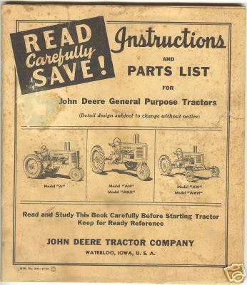 1943 john deere a, an, anh, aw, awh tractor manual 