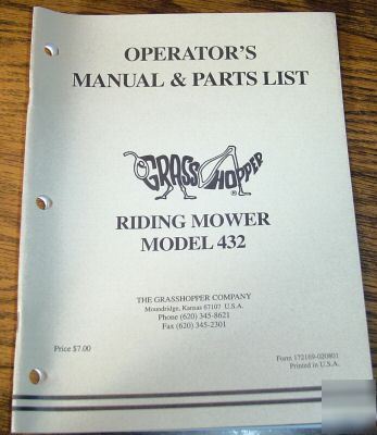 Grasshopper 432 riding mower operator's parts manual
