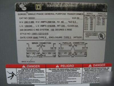 Square d 50 kva 240 x 480 pri 120/240 sec transformer 