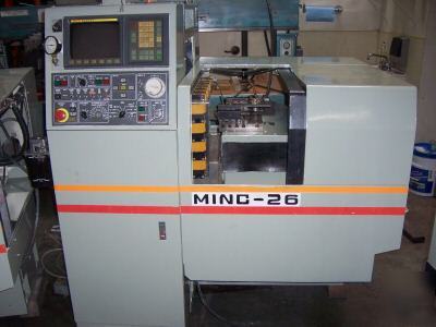 1990 akebono cnc minc-26 gang-style lathe w/ fanuc 0T