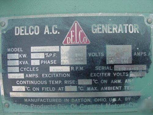 100 kw delco gm diesel generator low hours