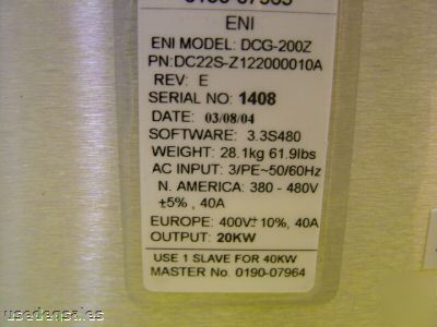 Eni dcg-200Z slave dc plasma generator 20KW