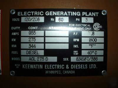 Allis-chalmers diesel generator 275 kw 3 phase 