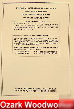 Oz~craftsman 10 inch radial arm saw 113.29003 manual
