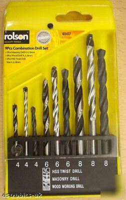 9 piece combination drill bit set wood hss masonary