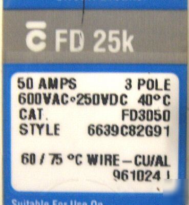 Cutler-hammer circuit breaker FD3050 50A 600VAC 3P 